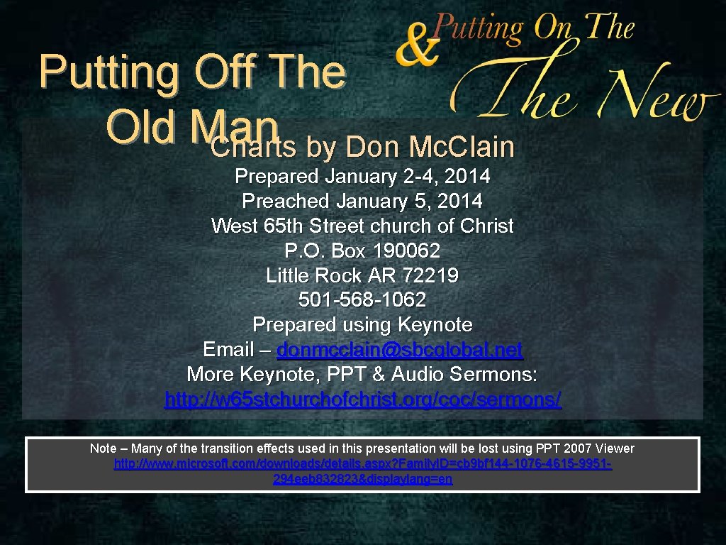 Putting Off The Old Man Charts by Don Mc. Clain Prepared January 2 -4,