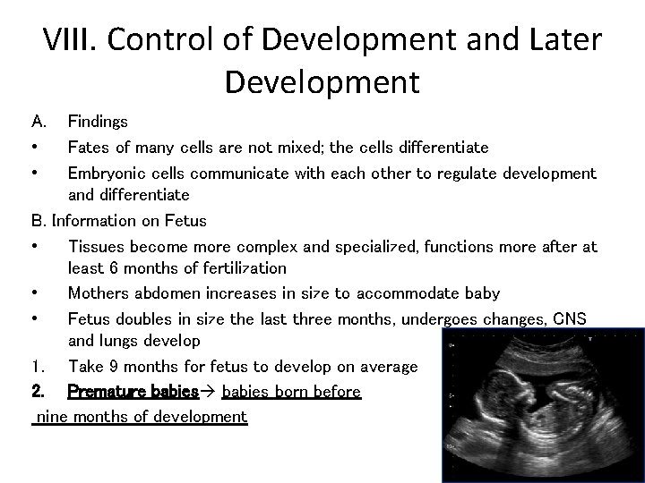 VIII. Control of Development and Later Development A. • • Findings Fates of many