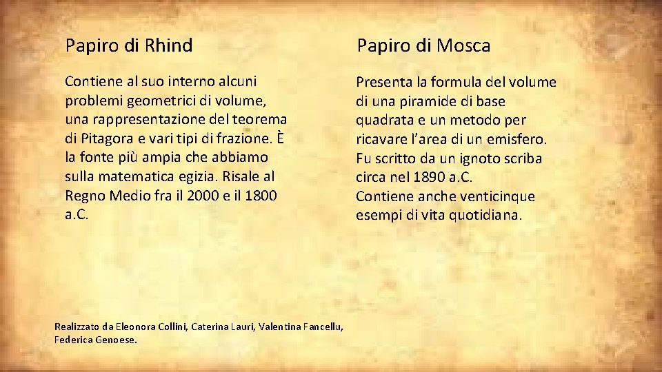 Papiro di Rhind Papiro di Mosca Contiene al suo interno alcuni problemi geometrici di Papiro di Rhind Papiro di Mosca Contiene al suo interno alcuni problemi geometrici di