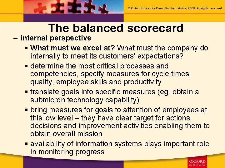 © Oxford University Press Southern Africa, 2008. All rights reserved. The balanced scorecard –