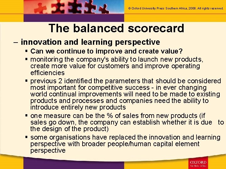 © Oxford University Press Southern Africa, 2008. All rights reserved. The balanced scorecard –