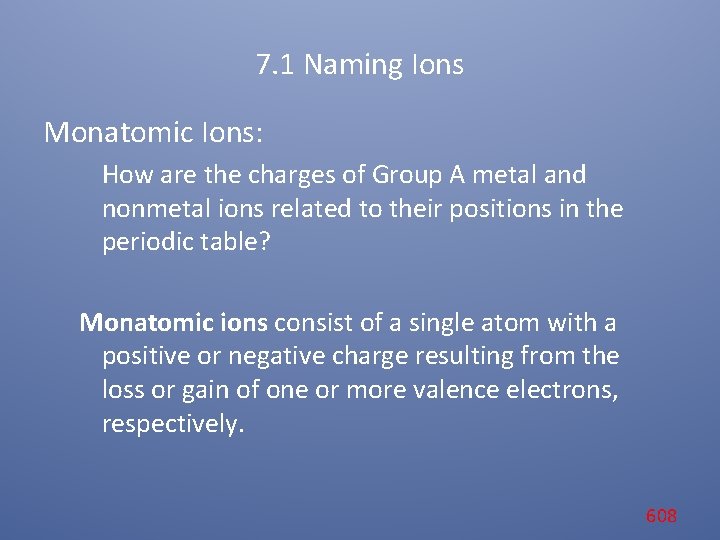 7. 1 Naming Ions Monatomic Ions: How are the charges of Group A metal