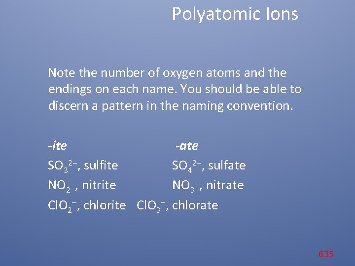 Polyatomic Ions Note the number of oxygen atoms and the endings on each name.