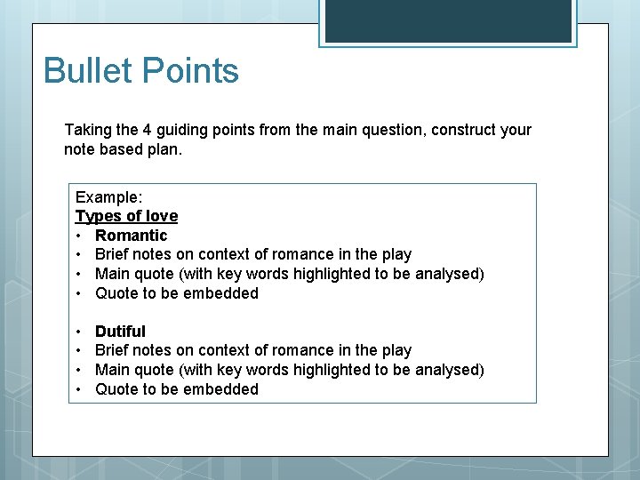 Bullet Points Taking the 4 guiding points from the main question, construct your note Bullet Points Taking the 4 guiding points from the main question, construct your note