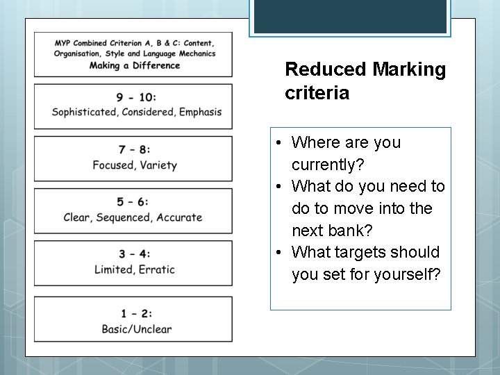 Reduced Marking criteria • Where are you currently? • What do you need to Reduced Marking criteria • Where are you currently? • What do you need to