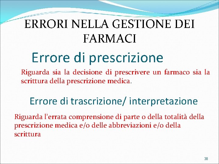 ERRORI NELLA GESTIONE DEI FARMACI Errore di prescrizione Riguarda sia la decisione di prescrivere