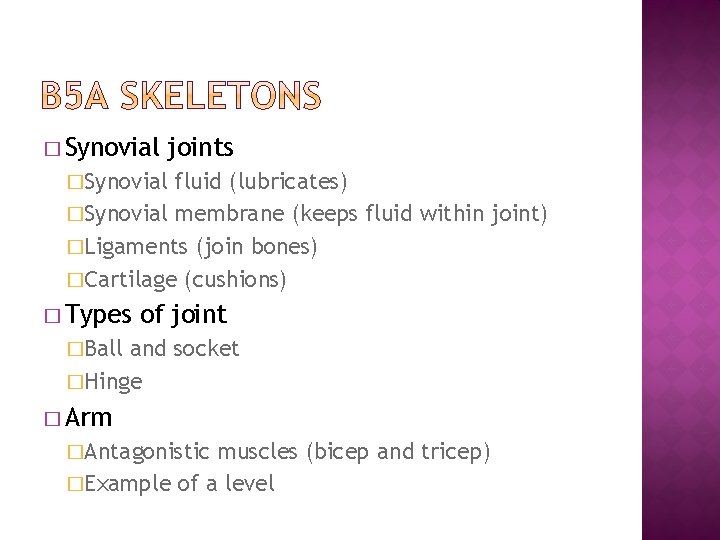 � Synovial joints �Synovial fluid (lubricates) �Synovial membrane (keeps fluid within joint) �Ligaments (join