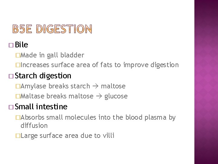 � Bile �Made in gall bladder �Increases surface area of fats to improve digestion