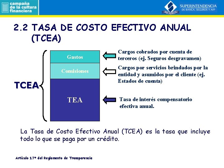 2. 2 TASA DE COSTO EFECTIVO ANUAL (TCEA) Gastos Comisiones TCEA TEA Cargos cobrados