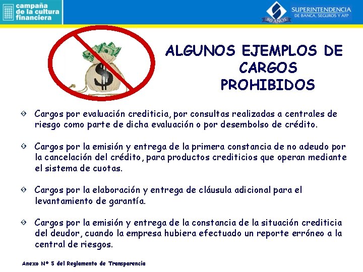ALGUNOS EJEMPLOS DE CARGOS PROHIBIDOS Cargos por evaluación crediticia, por consultas realizadas a centrales