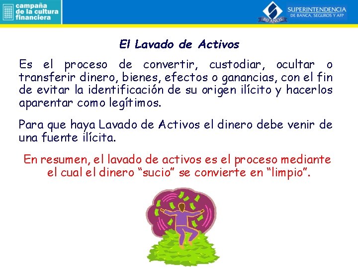 El Lavado de Activos Es el proceso de convertir, custodiar, ocultar o transferir dinero,