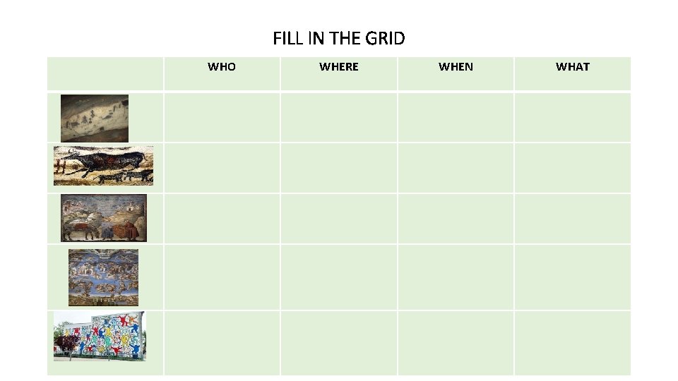 FILL IN THE GRID WHO WHERE WHEN WHAT 