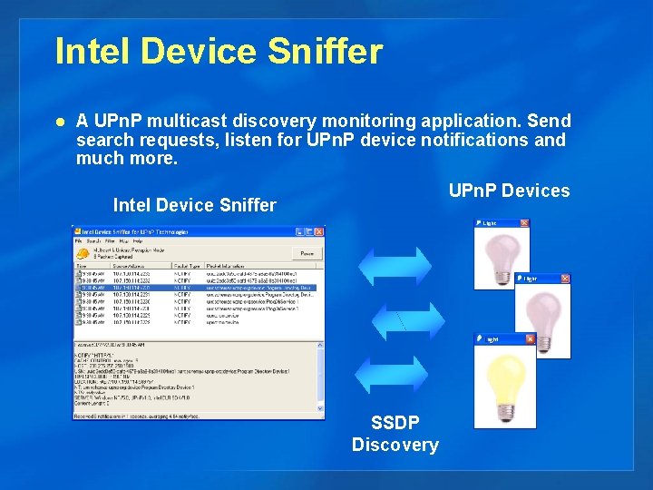 Intel Device Sniffer l A UPn. P multicast discovery monitoring application. Send search requests,