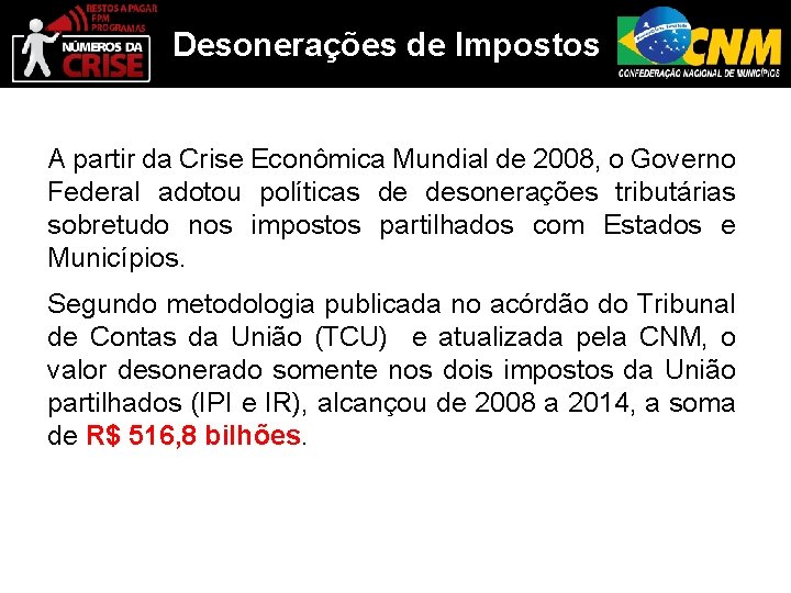 Desonerações de Impostos A partir da Crise Econômica Mundial de 2008, o Governo Federal