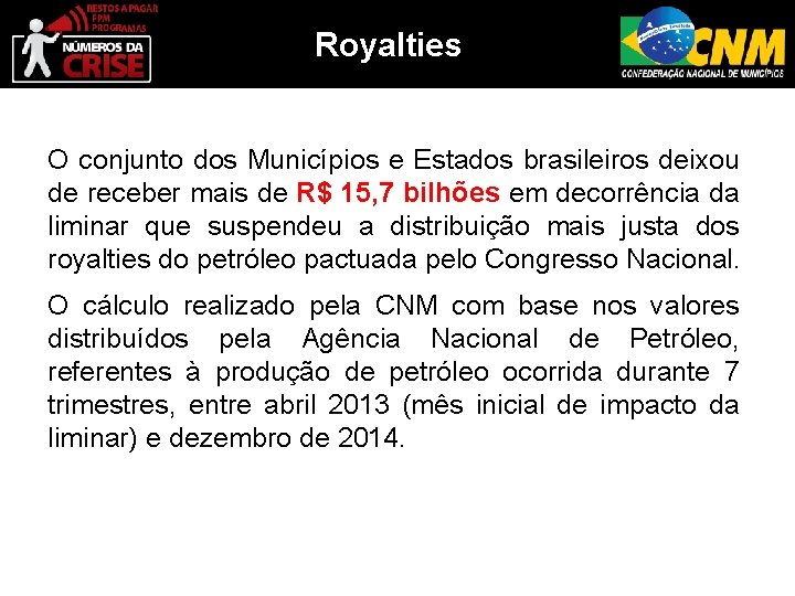 Royalties O conjunto dos Municípios e Estados brasileiros deixou de receber mais de R$