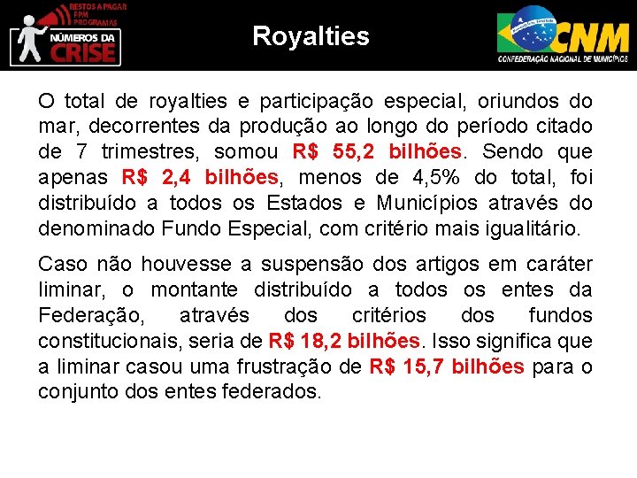 Royalties O total de royalties e participação especial, oriundos do mar, decorrentes da produção