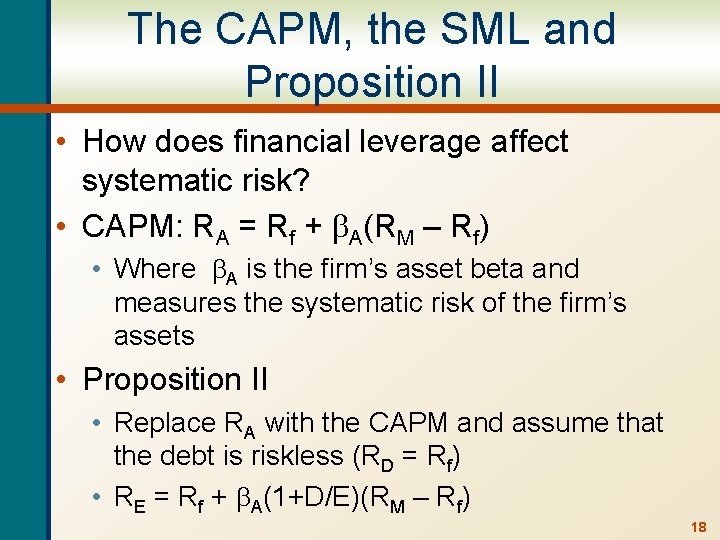 The CAPM, the SML and Proposition II • How does financial leverage affect systematic