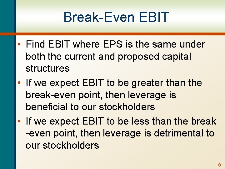 Break-Even EBIT • Find EBIT where EPS is the same under both the current