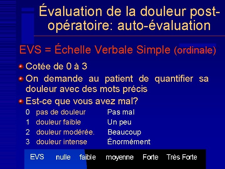 Évaluation de la douleur postopératoire: auto-évaluation EVS = Échelle Verbale Simple (ordinale) Cotée de