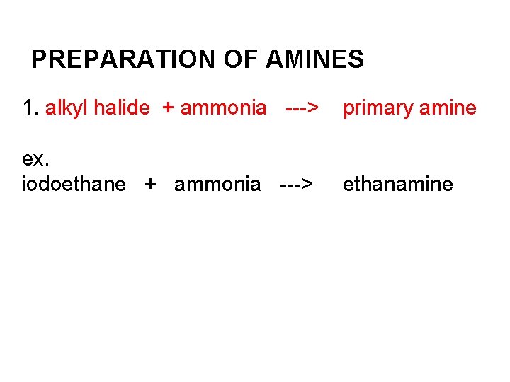 PREPARATION OF AMINES 1. alkyl halide + ammonia ---> primary amine ex. iodoethane +