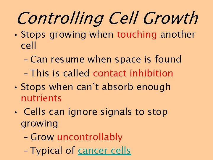 Controlling Cell Growth • Stops growing when touching another cell – Can resume when