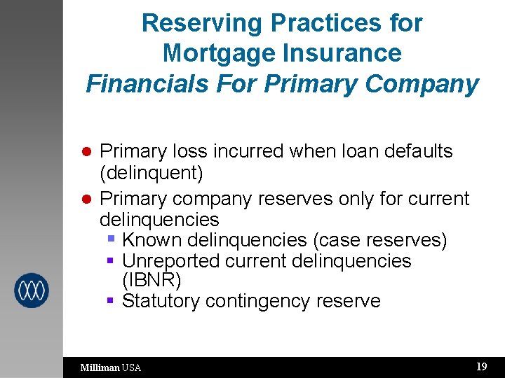 Reserving Practices for Mortgage Insurance Financials For Primary Company Primary loss incurred when loan