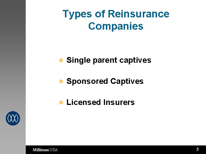 Types of Reinsurance Companies Milliman USA l Single parent captives l Sponsored Captives l