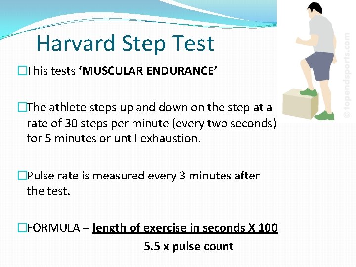 Harvard Step Test �This tests ‘MUSCULAR ENDURANCE’ �The athlete steps up and down on