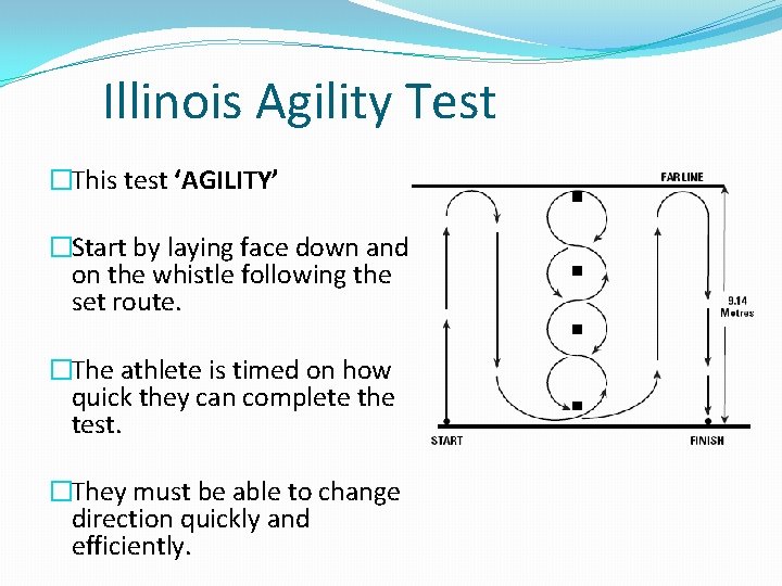 Illinois Agility Test �This test ‘AGILITY’ �Start by laying face down and on the