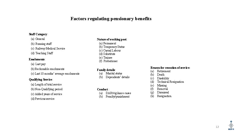 Factors regulating pensionary benefits Staff Category: (a) General (b) Running staff (c) Railway Medical