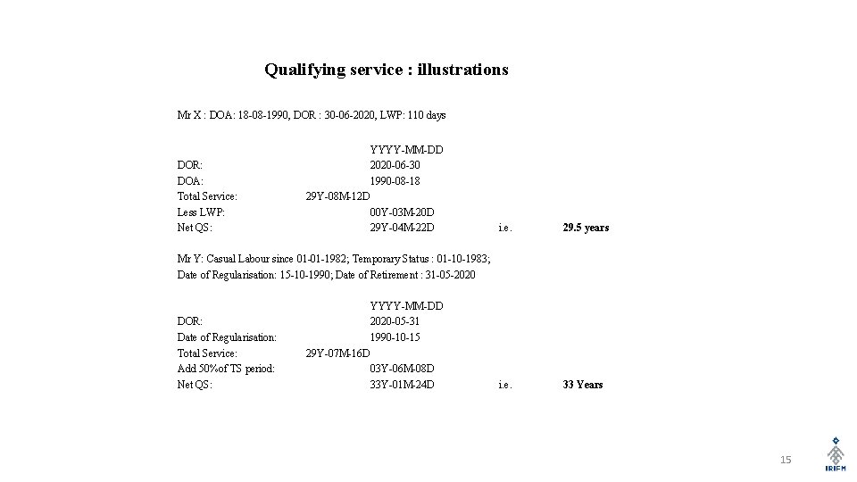 Qualifying service : illustrations Mr X : DOA: 18 -08 -1990, DOR : 30