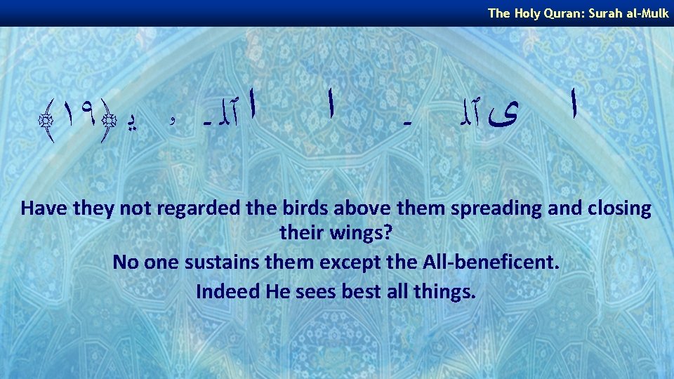 The Holy Quran: Surah al-Mulk ﴾١٩﴿ ﺍ ٱﻠ ـ ۥ ﻳ ﺍ ـ ﺍ