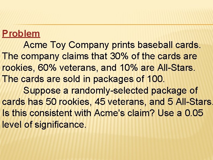 Problem Acme Toy Company prints baseball cards. The company claims that 30% of the