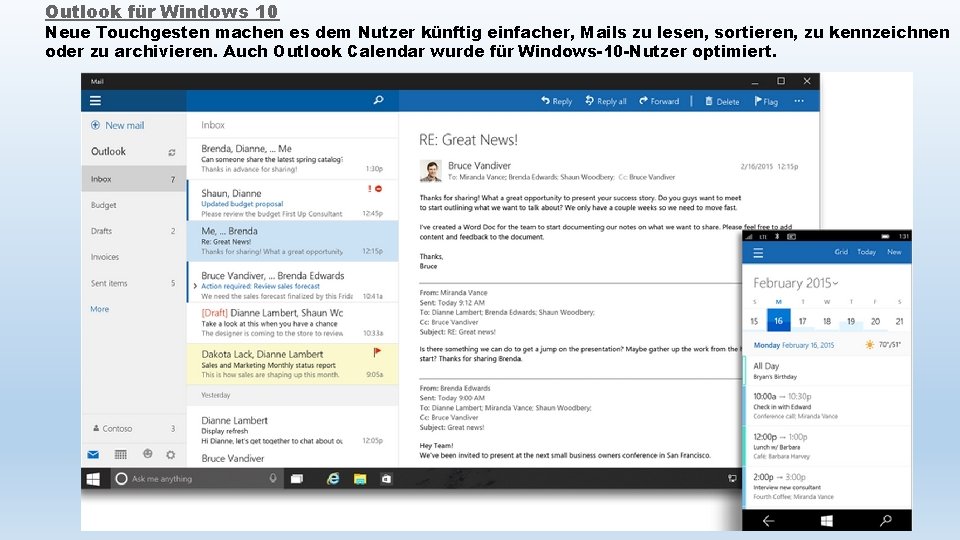 Outlook für Windows 10 Neue Touchgesten machen es dem Nutzer künftig einfacher, Mails zu