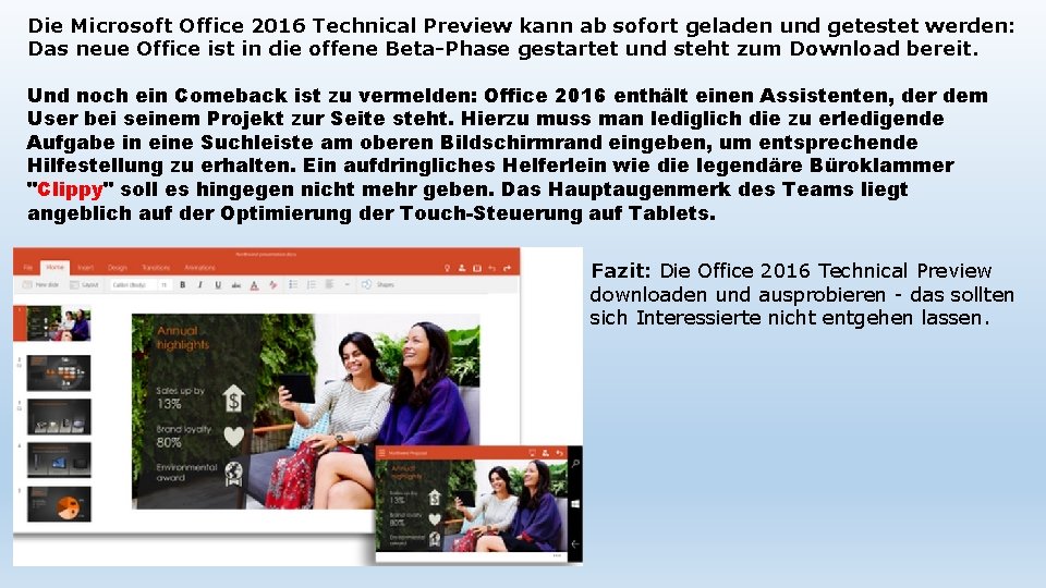 Die Microsoft Office 2016 Technical Preview kann ab sofort geladen und getestet werden: Das