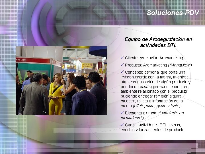 Soluciones PDV Equipo de Arodegustación en actividades BTL ü Cliente: promoción Aromarketing ü Producto:
