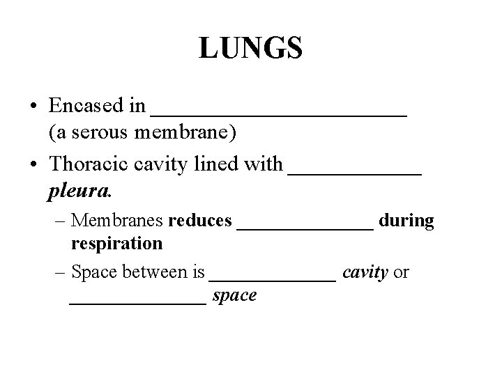 LUNGS • Encased in ____________ (a serous membrane) • Thoracic cavity lined with ______