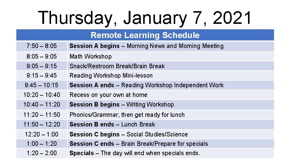 Thursday, January 7, 2021 Remote Learning Schedule 7: 50 – 8: 05 Session A