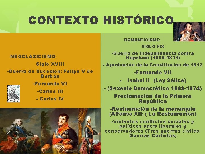 CONTEXTO HISTÓRICO ROMANTICISMO SIGLO XIX NEOCLASICISMO Siglo XVIII -Guerra de Sucesión: Felipe V de
