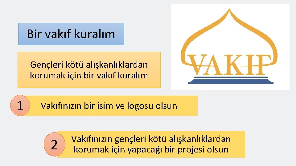 Bir vakıf kuralım Gençleri kötü alışkanlıklardan korumak için bir vakıf kuralım 1 Vakıfınızın bir