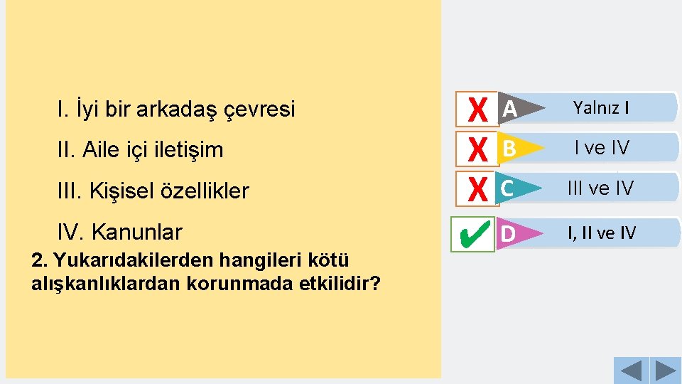 I. İyi bir arkadaş çevresi II. Aile içi iletişim III. Kişisel özellikler IV. Kanunlar