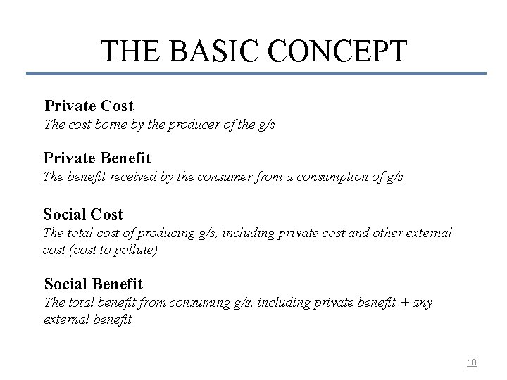 THE BASIC CONCEPT Private Cost The cost borne by the producer of the g/s