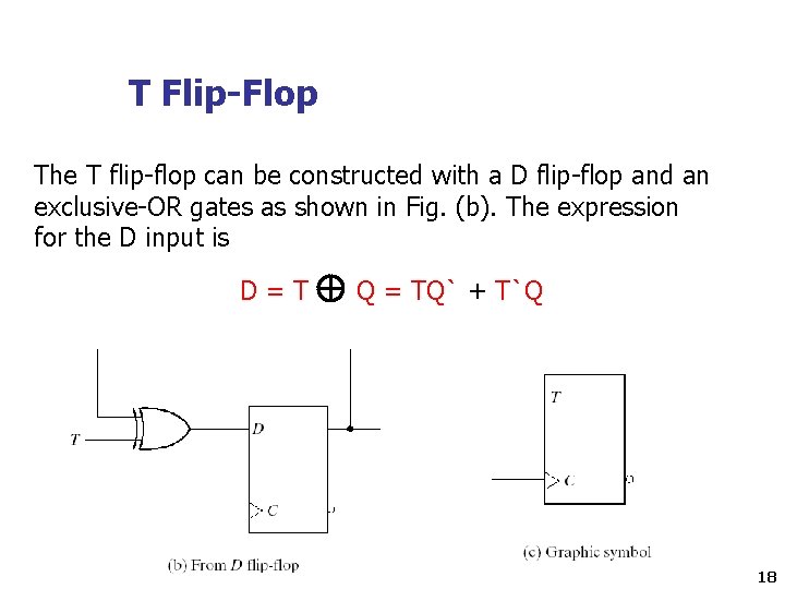 T Flip-Flop The T flip-flop can be constructed with a D flip-flop and an