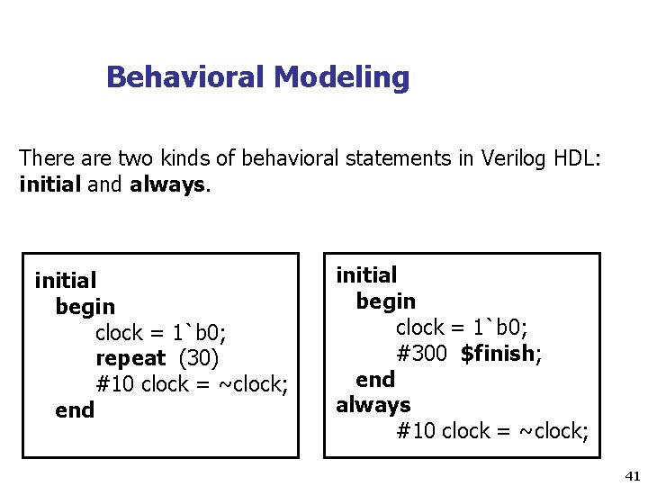 Behavioral Modeling There are two kinds of behavioral statements in Verilog HDL: initial and