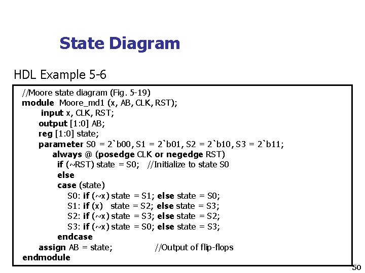 State Diagram HDL Example 5 -6 //Moore state diagram (Fig. 5 -19) module Moore_md