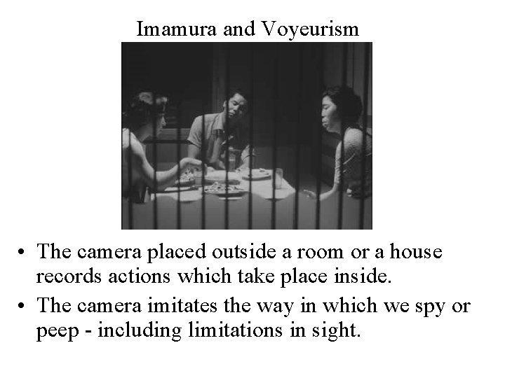 Imamura and Voyeurism • The camera placed outside a room or a house records