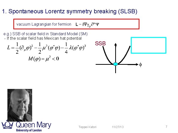 1. Spontaneous Lorentz symmetry breaking (SLSB) vacuum Lagrangian for fermion e. g. ) SSB 1. Spontaneous Lorentz symmetry breaking (SLSB) vacuum Lagrangian for fermion e. g. ) SSB