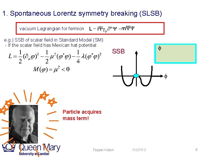 1. Spontaneous Lorentz symmetry breaking (SLSB) vacuum Lagrangian for fermion e. g. ) SSB 1. Spontaneous Lorentz symmetry breaking (SLSB) vacuum Lagrangian for fermion e. g. ) SSB