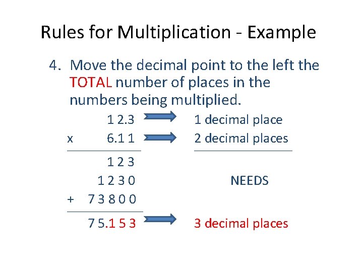 Rules for Multiplication - Example 4. Move the decimal point to the left the