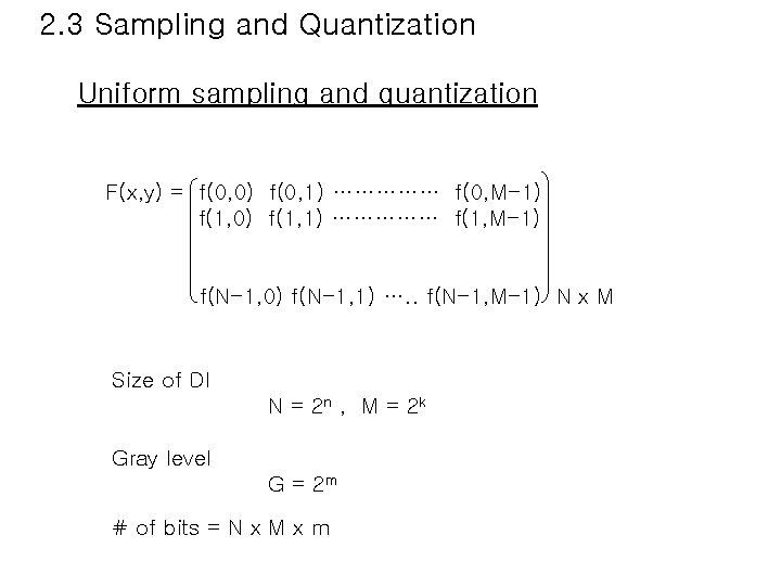 2. 3 Sampling and Quantization Uniform sampling and quantization F(x, y) = f(0, 0)